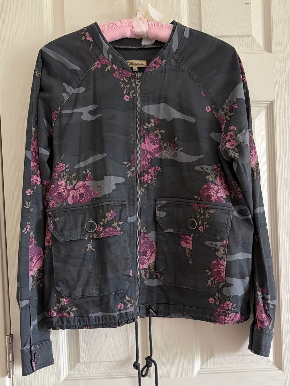 Democracy Women's Gray Floral Camo Zip-Front Lightweight Jacket Size Large